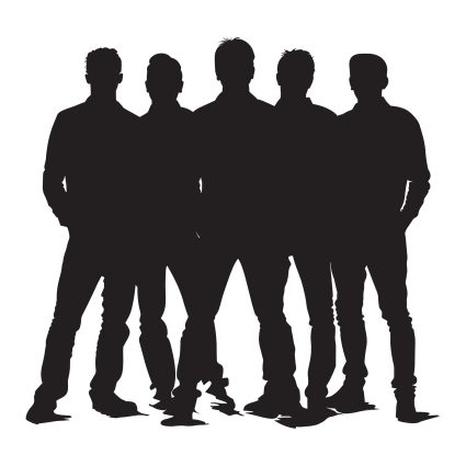 Silhouette of five men standing together in a row. Silhouette of five men standing together in a row.